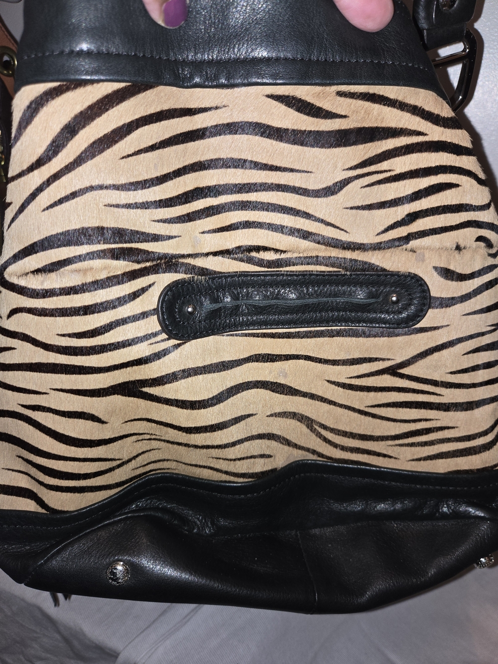 B. Makowsky Leather/Hair calf Zebra Print Black Trim FRINGE Hobo Bag. GUC - Picture 7 of 9